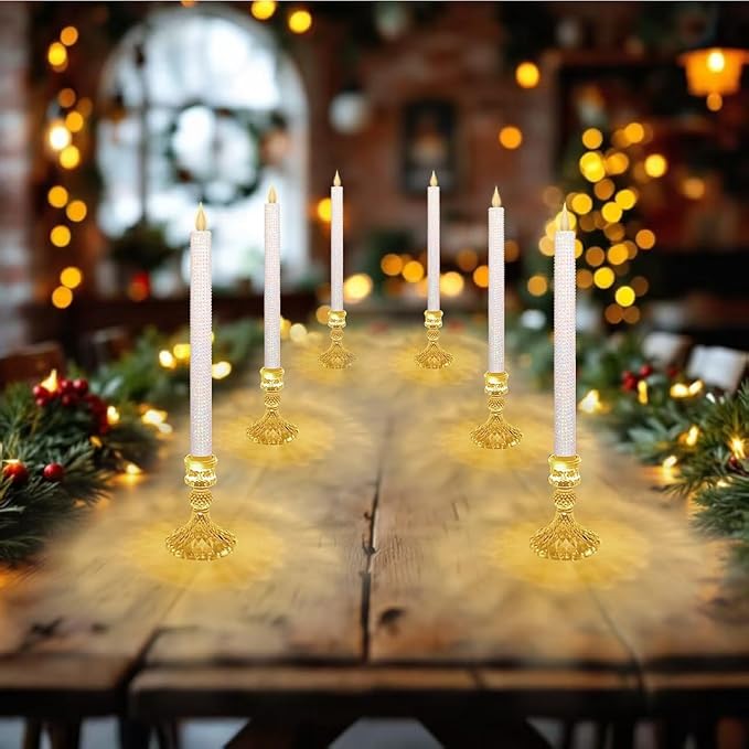 Flameless LED Taper Candles wish Illuminated Holder - Glass Candle Holder, Remote Timer 2AA Battery Operated 500 Hours for Thanksgiving/Xmas Decor, Wedding Centerpiece (Crystallized-Brilliant, 2 Pack)