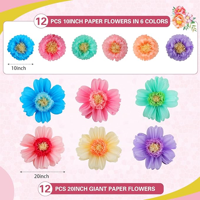 Crowye 24 Pcs Large Colorful Tissue Paper Flowers Decorations 20" Giant Fiesta Craft Crepe Paper Flowers for Wall Decor Backdrop Mexican Wedding Birthday Carnival Party (Colorful)