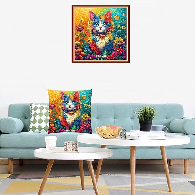 Lovxvouy Pillow Cross Stitch Kits for Adults Beginners-Preprinted Needlepoint Kit Stamped Crossstitching Kits 11CT Cross-Stitch Kit Stitches Kit Embroidery Kits-Colorful Cat Flowers 18x18 inchs