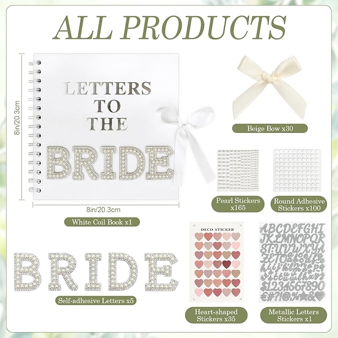 Alynsehom 8 x 8 Inch Letters to The Bride Scrapbook Kits Wedding Memory Book with DIY White Scrapbook Photo Album Blank Paper Bows Pearl Stickers Metallic Letters Heart Sticker Round Dot Stickers