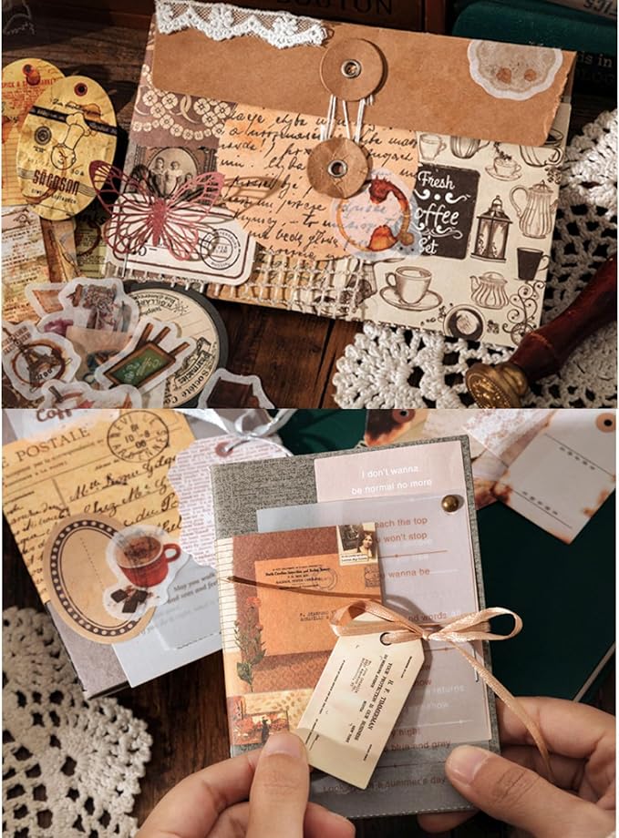 200PCS Vintage Scrapbooking Supplies Pack for Junk Journal Planners Decoupage Paper Scrapbook Stickers Aesthetic Cottagecore Collage Craft Album (Coffee)