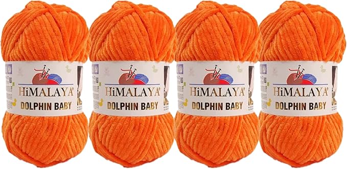 4 Skein/Pack Himalaya Dolphin Baby Chenille Yarn, Each Ball 100 gr (3.5 oz), 120 m (132 Yards), 100% Polyester, Super Bulky Baby Blanket Velvet Amigurumi Yarn, 80372 - Dark Orange