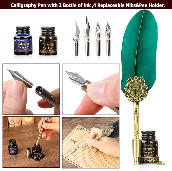 TIANREN Quill pen ink set,Feather Pen and Ink Set,Antique Calligraphy Pen with 4 Replaceable Nibs,2 Bottle of ink,Feather Dip Pen Holder Christmas Gift for Men&Women.(Green)