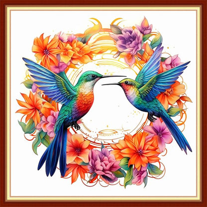 DMCVIVR Stamped Cross Stitch Kits for Beginners Adults Needlepoint Kits for Beginners Embroidery Kits for Adults Crossstitch Kit for Beginners 11CT-Flower Wreath Hummingbird 18x18 inchs