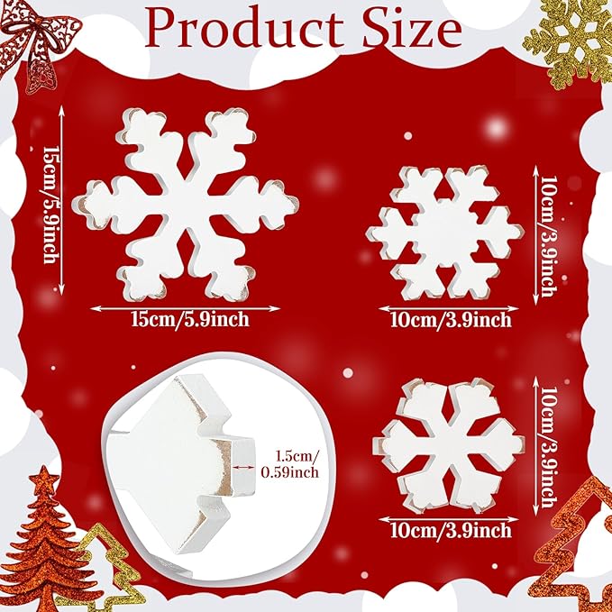 Bucherry 3 Pcs Winter Wooden Snowflake Decor Rustic Winter Snowflake Table Signs Wonderland Wood Blocks Farmhouse Christmas Tiered Tray Decorations for Xmas Table Shelf(Retro White)