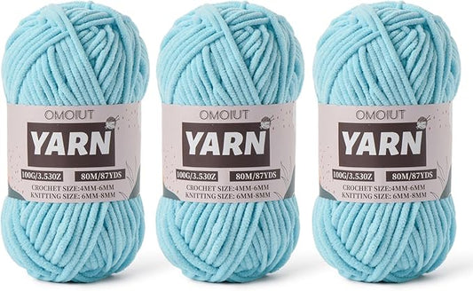 Fluffy Chenille Yarn for Crocheting - Baby Yarn for Crocheting Soft Blanket - 3 Pack of 100g/(87.4yds) Crochet Amigurumi Chunky Yarns - Super Bulky 5 Velvet Yarns (3 Azure)