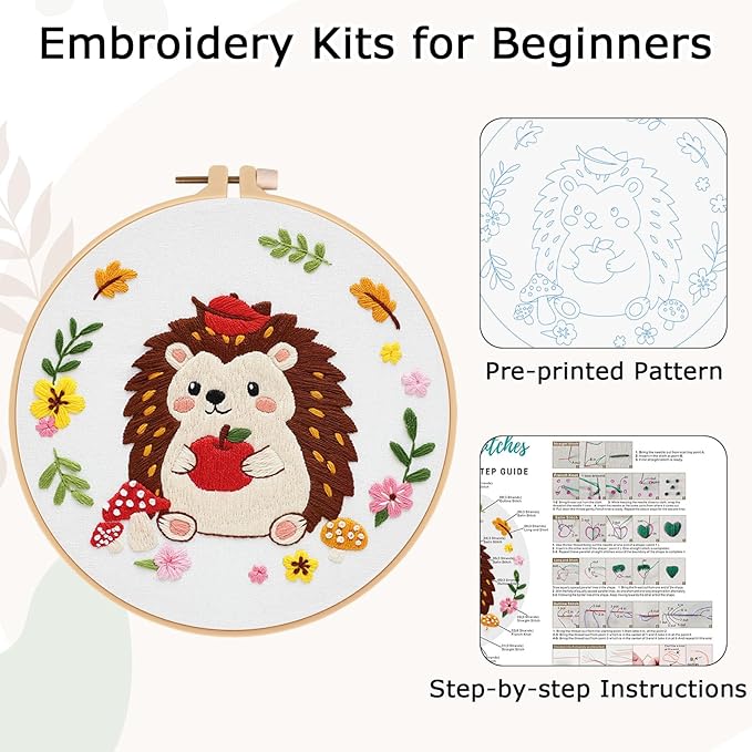 Louise Maelys Embroidery Kit for Beginners with Hedgehog Pattern - DIY Cross Stitch Kit with Pre-Printed Fabric, Hoop, Threads & Needles - Adorable Animal Embroidery Kits