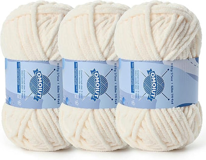Chunky Chenille Yarn for Crocheting，Baby Yarn for Crocheting Soft Blankets，Bulky Yarns for Crochet Amigurumi，3×100g (3×74.3yds) Fluffy Velvet Yarns for Hand Knitting (3 Light Beige)