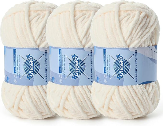 Chunky Chenille Yarn for Crocheting，Baby Yarn for Crocheting Soft Blankets，Bulky Yarns for Crochet Amigurumi，3×100g (3×74.3yds) Fluffy Velvet Yarns for Hand Knitting (3 Light Beige)