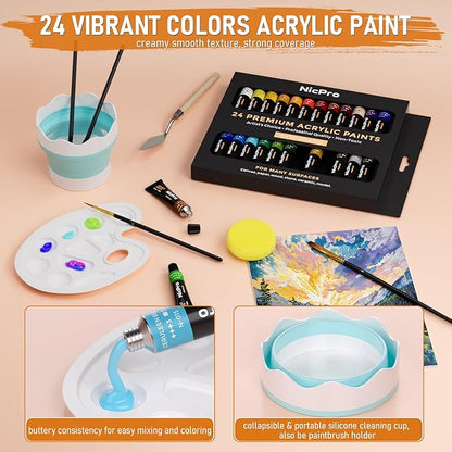 Nicpro 68PCS Acrylic Paint Canvas Set for Adults, Art Painting Supplies Kit with 24 Acrylic Paints,Table Easel,8 Canvas Panels,12 Brushes,Paper Pad,Cleaning Cup, Sponge, Palette for Beginner Artist