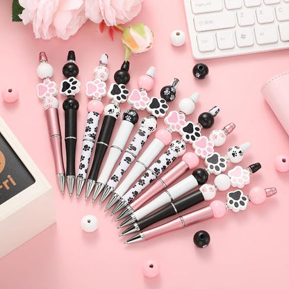Geyee 12 Set Plastic Beadable Pens Assorted Bead Pens Crystal Wood Round Spacer Set Black Ink DIY Ballpoint for Women Men Gift Office Supplies(Dog Paw)