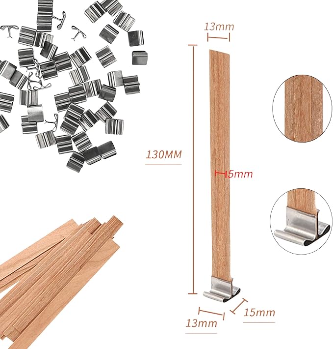 NOOR 50 Pieces Smokeless Wooden Wicks with Trimmer for Candle Making and 5.1 X 0.2 inch Booster - 5.1 X 0.5 inch Crackling Wood Wick for DIY Candles with 50pcs Metal Clips