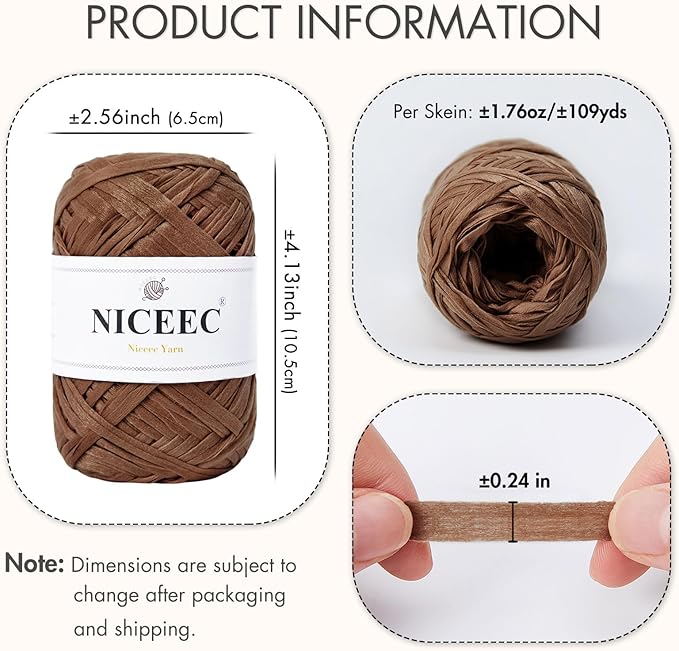 NICEEC 2 Skeins Soft Tape Yarn, Easy Crohcet Raffia, Crochet & Knitting, Paper Ribbon Yarn for DIY Craft Gift Wrapping Total Length 1.76oz×2/109yds×2 - Chocolate