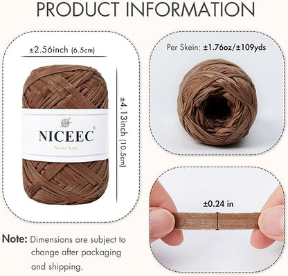 NICEEC 2 Skeins Soft Tape Yarn, Easy Crohcet Raffia, Crochet & Knitting, Paper Ribbon Yarn for DIY Craft Gift Wrapping Total Length 1.76oz×2/109yds×2 - Chocolate