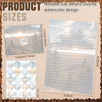TaoBary 160 Pcs Stationery Paper Set 50 Double Sided Stationery Papers with 50 Matching Envelopes and 60 Round Dot Sticker, 10 Design(Scenic Nature,5.5 x 8.25 Inch)