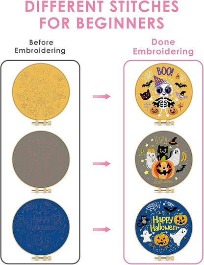 TINDTOP Halloween Embroidery Kit for Adult, 3 Pack Embroidery DIY Starter Kit, with Stamped Patterns, Hoop, Tools, Colorful Threads with Needles, Instructions