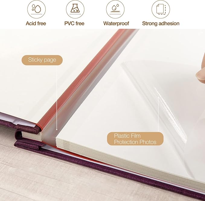 potricher Large Photo Album Self Adhesive 4x6 5x7 8x10 Pictures Linen Cover 80 Blank Pages Magnetic DIY Scrapbook Albums with A Metallic Pen (Purple)