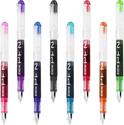 EYEYE Disposable Fountain Pens, 8 Pack Multicolor Fine Point Fountain Pens for Writing, Stainless Steel Nib, Smooth Writing for Journaling, Drafting, Sketching, Doodling & Gifts