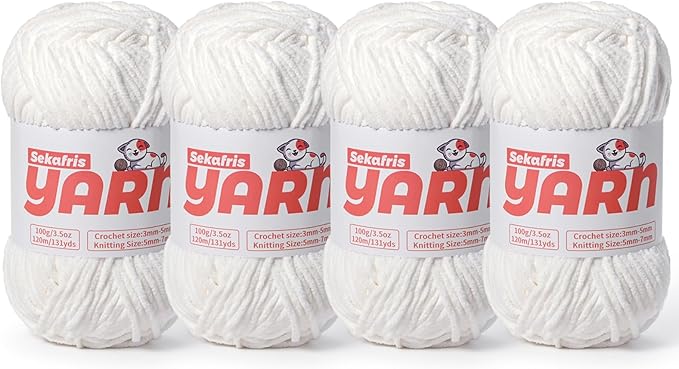 4 Pack Plush Chunky Chenille Yarn for Crocheting, Soft Fluffy Velvet Yarn for Crocheting Amigurumi, Fuzzy Baby Blanket Knitting 400g/524yds Bulky(4 Snow White)