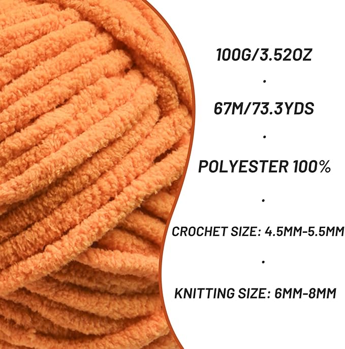 Chunky Chenille Yarn for Crocheting，Baby Yarn for Crocheting Soft Blankets，Bulky Yarns for Crochet Amigurumi，2×100g (2×74.3yds) Fluffy Velvet Yarns for Hand Knitting (2 Ginger Color)