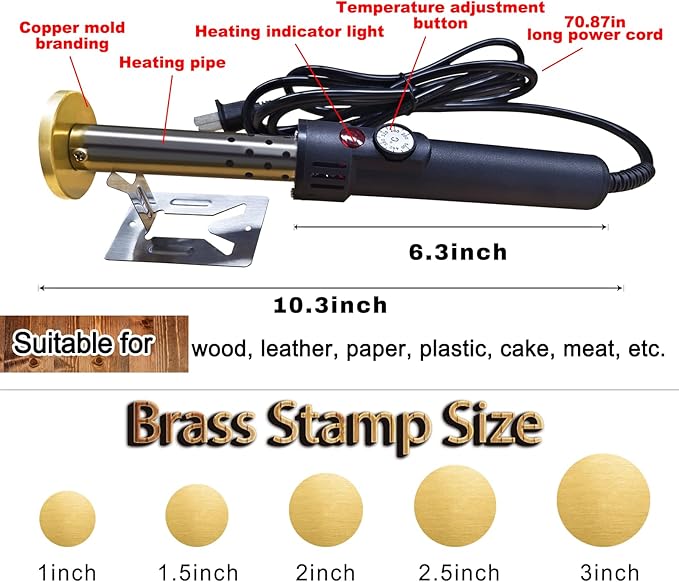 Custom Electric Branding Iron Personalized Logo Metal Branding Iron Business Stamp for Wood Leather Food Wedding Design, Electric Heated,Black Adjustable Temperature Iron(1-3inch)