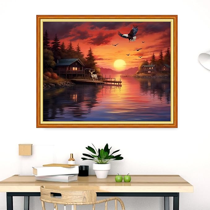 Dimensean Stamped Cross Stitch Kits Full Range of Embroidery Patterns Starter Kits for Beginners Adult DIY Cross Stitches Needlepoint Kits 11CT-Sunrise Eagle by The Lake 16x20 inch
