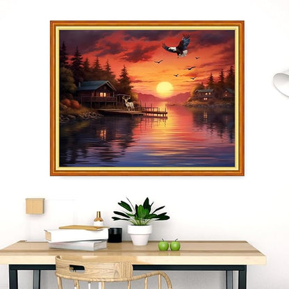 Dimensean Stamped Cross Stitch Kits Full Range of Embroidery Patterns Starter Kits for Beginners Adult DIY Cross Stitches Needlepoint Kits 11CT-Sunrise Eagle by The Lake 16x20 inch