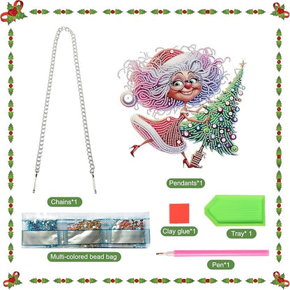 Christmas Diamond Art Pendant Kit, 5D DIY Hanging Diamond Painting for Adults, Santa Claus and Grandma with Christmas Tree, Crystal Ornament for Wall, Window, Door, Home Decor & Gift, 24.1x23.1 cm