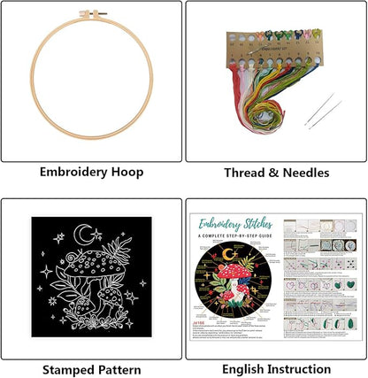 Nuberlic Mushroom Embroidery Kits for Beginner Adults Cross Stitch Kit with Stamped Pattern Include Cloth Hoops Threads Needles