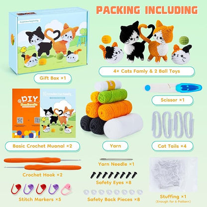 Auspicious beginning Cat Crochet Kit for Beginners-Crochet Kits 4PCS Cats Family Crochet Animals Kits with Step-by-Step Video Tutorials, Crochet Starter Kit Learn to Crochet Kits for Adults