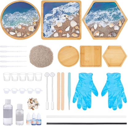 WEBEEDY 3 Sets Resin Bamboo Coaster Resin Complete Set with Trays, Pigment, Seashells & More, DIY Drink Coaster Making Kit for Adults Beginners Office Home Decor Art Clear Craft