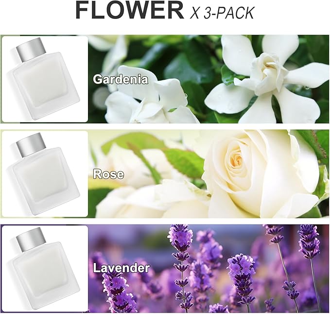 Aeeteek 3-Pack Reed Diffuser Set, Gardenia/Lavender/Rose Scented Oil, Flower Aroma Essential Oils with Diffuser Sticks, Long Lasting Bathroom Air Freshener, Home Fragrance for Room Decor