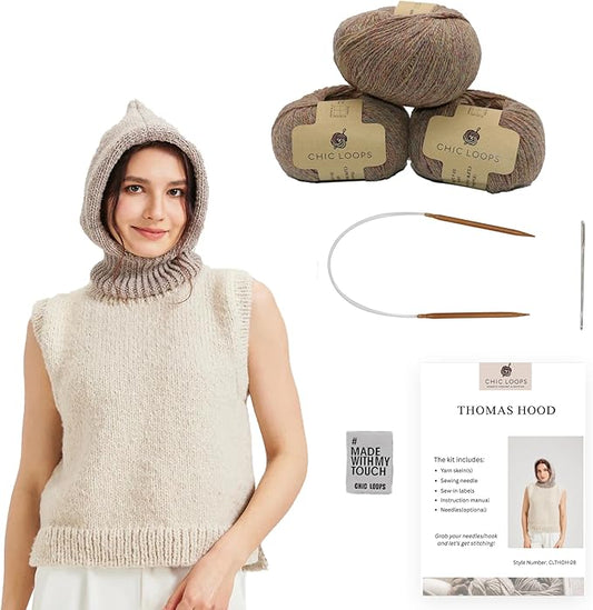 Chic Loops Knitting Kit for Beginners, Knitted Hooded Scarf Beginner Crochet Kit for Adults, Crochet Soft and Cozy Balaclava Hooded Hat for Womem Outdoor Sports with Instruction(Withered Grass)