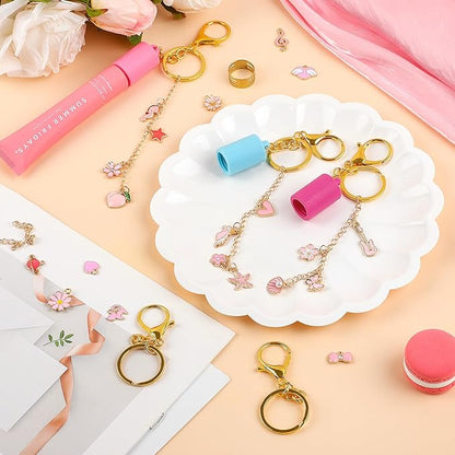 Pengxiaomei 135 Pcs DIY Keychain Making Kit, 4 Pcs Lip Gloss Keychains Cap with Pink Ornaments Lip Gloss Keychain Jewelry Keychains Accessory