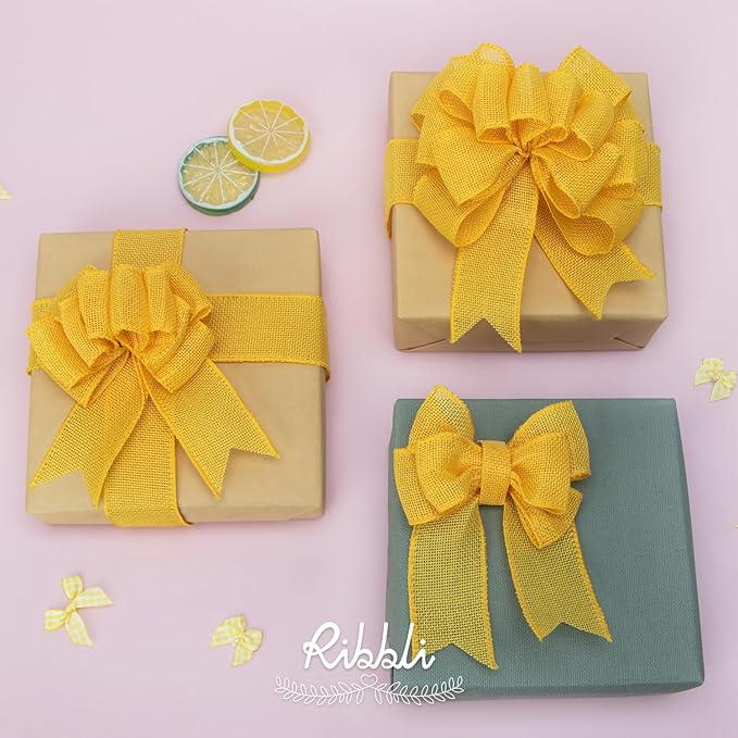 Ribbli Yellow Burlap Wired Ribbon,1-1/2 Inch x 10 Yard, Wired Edge Ribbon for Big Bow,Wreath,Tree Decoration,Outdoor Decoration