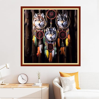 Disxvivy Cross Stitch Stamped Full Embroidery Kits DIY 11CT Cotton Thread Printed DIY Needlepoint Kits Craft Needlework Set Cross-Stitch Stamped Sets-Wolf Wind Chime 18x18 inch