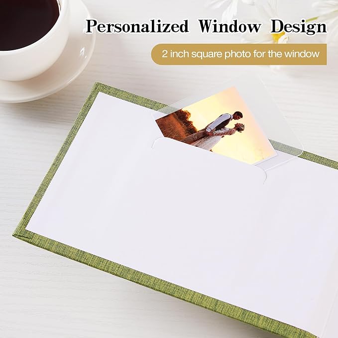 Mublalbum Small 4x6 Photo Album Linen Cover with Memo Areas Photobook Pictures Book Holds Horizontal Pockets for Wedding Family Baby and Vacation (Green)
