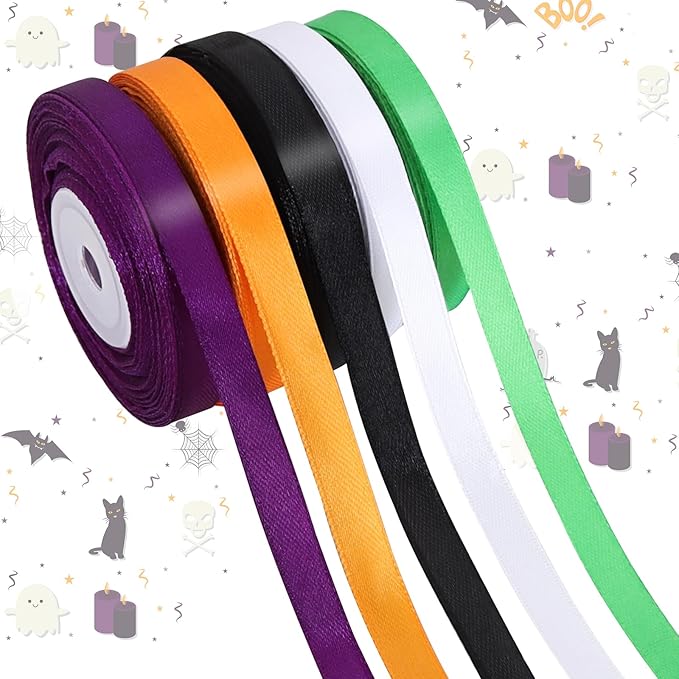 TONIFUL 5 Rolls Halloween Satin Ribbon - 3/8 Inch x 25 Yards Ribbon Set for Spooky Crafts, Costume Decor, Gift Wrapping,Bows Making, Home & Party Decoration (Purple, Orange, White, Black, Lime Green)