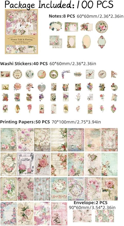 100 Pieces Vintage Scrapbook Supplies Ephemera Pack for Junk Journal Planners Scrapbooking Paper Stickers for Art Aesthetic Journaling Kit Collage Decoupage Album (Flower)