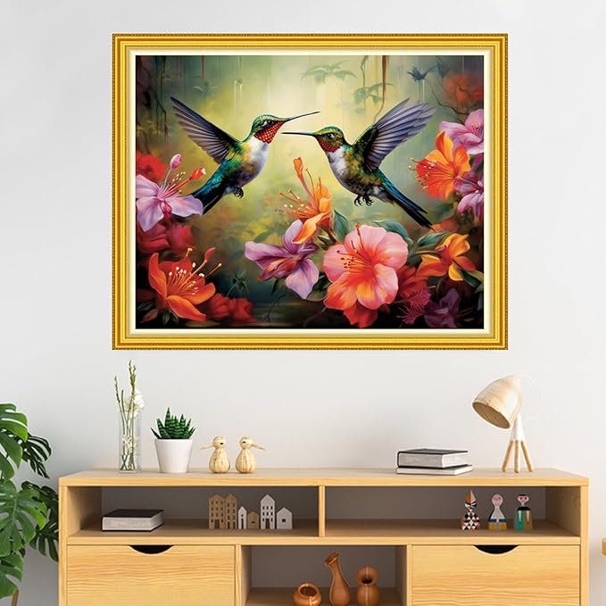 DMCVIVR Stamped Cross Stitch Kits for Beginners Adults Needlepoint Kits for Beginners Embroidery Kits for Adults Crossstitch Kit for Beginners 11CT-Hummingbird Flowers 16x20 inch