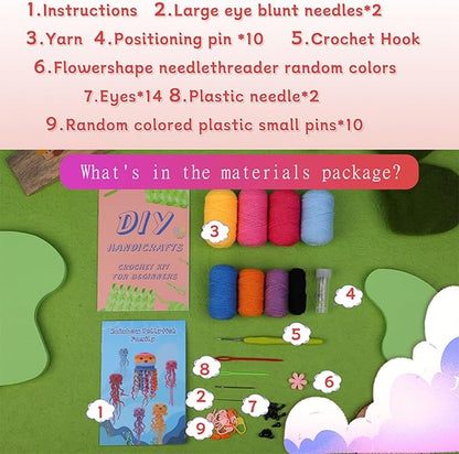Tavkite Crochet Kit for Beginners, 6 Pack Jellyfish Crochet Starter Kit with Instructions and Video Tutorials, Easy to Learn Crochet Animal Kit for Adults, Knitting Kit for Beginner DIY Craft