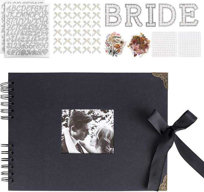 Letters to The Bride Scrapbook Photo Album, 8 x 12 Inch Wedding Memory Book, Black DIY Guest Book with Pearl Stickers, Metallic Letters, Bows，Blank Scrapbook(Black)