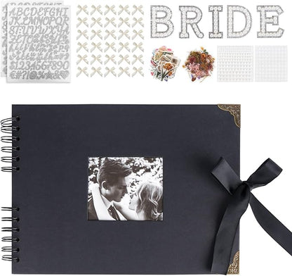 Letters to The Bride Scrapbook Photo Album, 8 x 12 Inch Wedding Memory Book, Black DIY Guest Book with Pearl Stickers, Metallic Letters, Bows，Blank Scrapbook(Black)