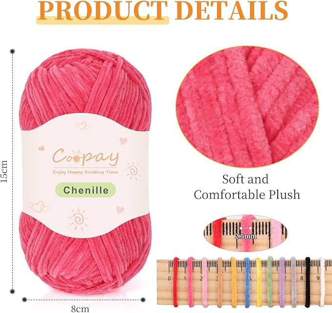 Coopay Skinny Chenille Yarn for Crocheting and Knitting, 12 Pack of 50g/1.76oz-1764yd Total, Soft Velvet Yarn of Baby Weights-Suitable for Baby Blankets, Plush Toys-Super Soft (Dark Pink Gradient)