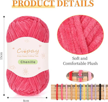 Coopay Skinny Chenille Yarn for Crocheting and Knitting, 12 Pack of 50g/1.76oz-1764yd Total, Soft Velvet Yarn of Baby Weights-Suitable for Baby Blankets, Plush Toys-Super Soft (Dark Pink Gradient)