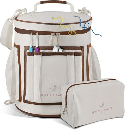 Hearth & Harbor Crochet Bag Organizer – Durable Knitting Bag, Yarn Organizer for Accessories and Supplies, Canvas Yarn Holder, Crochet Carrying Case with Accessories Pouch, Storage Organizer–Warm Gray