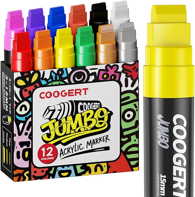 Coogert 12 Vibrant Colors Jumbo Poster Markers, 15MM Thick Permanent Acrylic Graffiti Markers, Wide Tip Paint Marker for Canvas, Posters Board, Fabric, Window, Wood, Teachers,Banner painting supplies