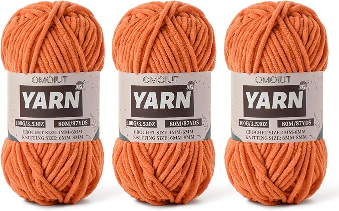 Fluffy Chenille Yarn for Crocheting - Baby Yarn for Crocheting Soft Blanket - 3 Pack of 100g/(87.4yds) Crochet Amigurumi Chunky Yarns - Super Bulky 5 Velvet Yarns (3 Orange)