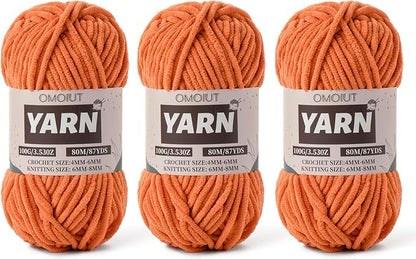 Fluffy Chenille Yarn for Crocheting - Baby Yarn for Crocheting Soft Blanket - 3 Pack of 100g/(87.4yds) Crochet Amigurumi Chunky Yarns - Super Bulky 5 Velvet Yarns (3 Orange)