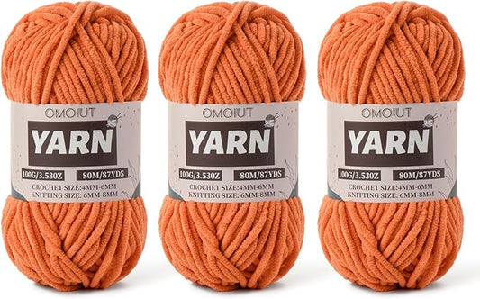 Fluffy Chenille Yarn for Crocheting - Baby Yarn for Crocheting Soft Blanket - 3 Pack of 100g/(87.4yds) Crochet Amigurumi Chunky Yarns - Super Bulky 5 Velvet Yarns (3 Orange)